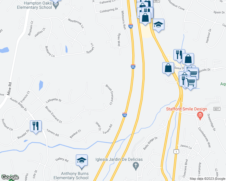 map of restaurants, bars, coffee shops, grocery stores, and more near 118 Brush Everard Court in Stafford