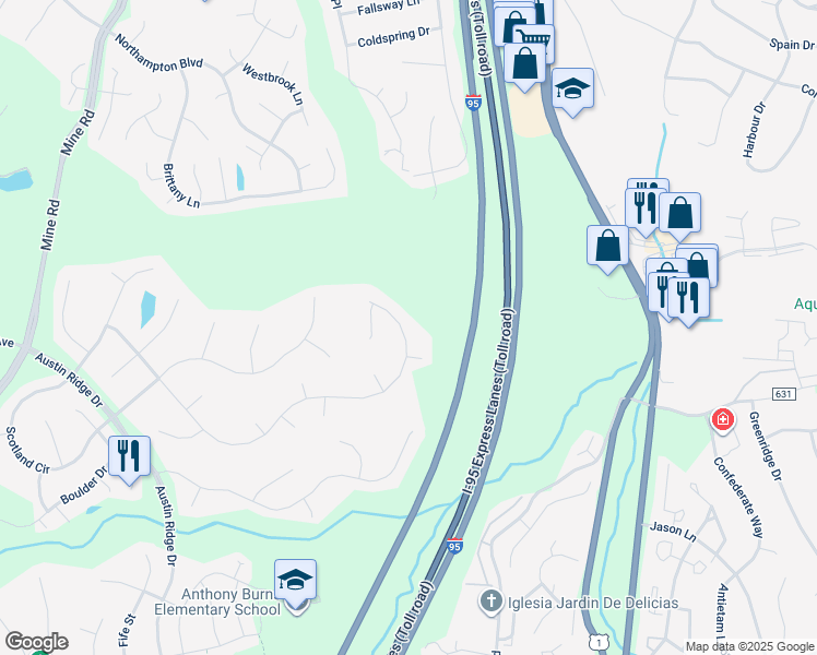 map of restaurants, bars, coffee shops, grocery stores, and more near 118 Brush Everard Court in Stafford
