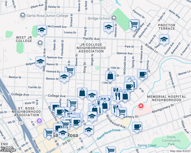 map of restaurants, bars, coffee shops, grocery stores, and more near 1024 14th St in Santa Rosa