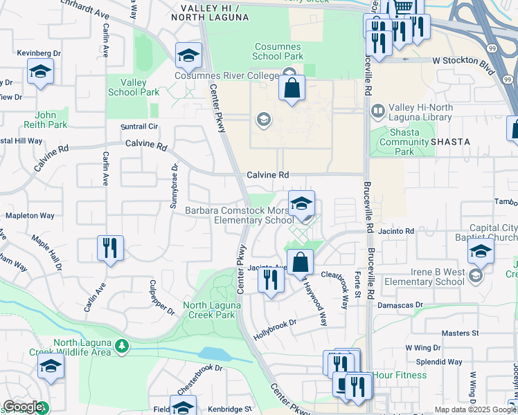map of restaurants, bars, coffee shops, grocery stores, and more near 8517 Derlin Way in Sacramento