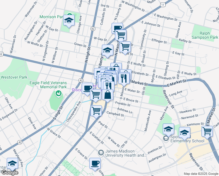 map of restaurants, bars, coffee shops, grocery stores, and more near 116 South Main Street in Harrisonburg