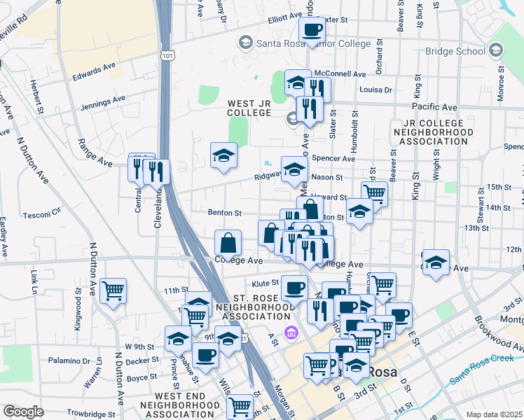 map of restaurants, bars, coffee shops, grocery stores, and more near 421 Benton Street in Santa Rosa