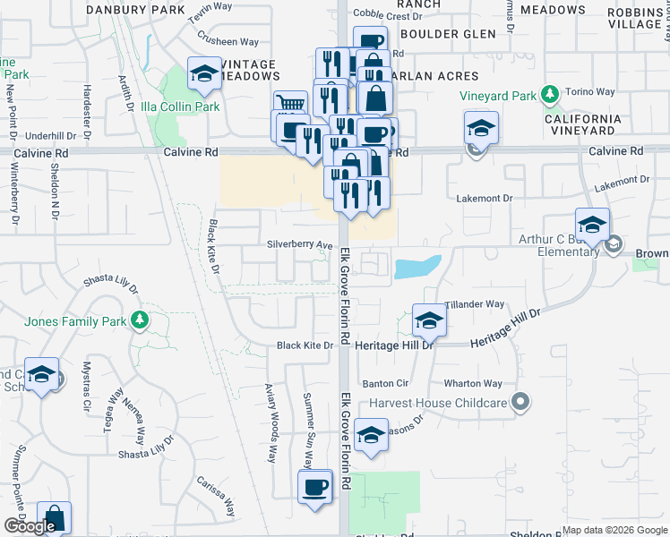 map of restaurants, bars, coffee shops, grocery stores, and more near 8520 Dewberry Way in Elk Grove