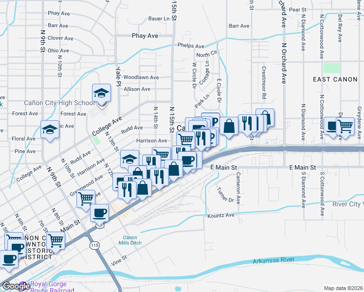 map of restaurants, bars, coffee shops, grocery stores, and more near 1515 Greenwood Avenue in Cañon City