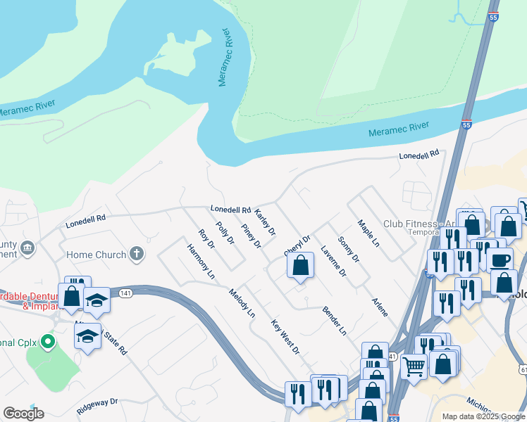 map of restaurants, bars, coffee shops, grocery stores, and more near 1559 Park Ridge Lane in Arnold