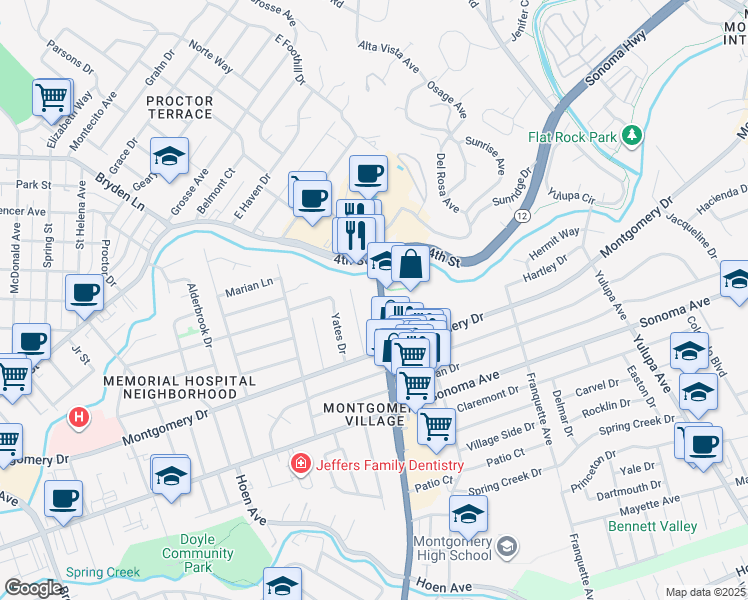 map of restaurants, bars, coffee shops, grocery stores, and more near 241 Farmers Lane in Santa Rosa