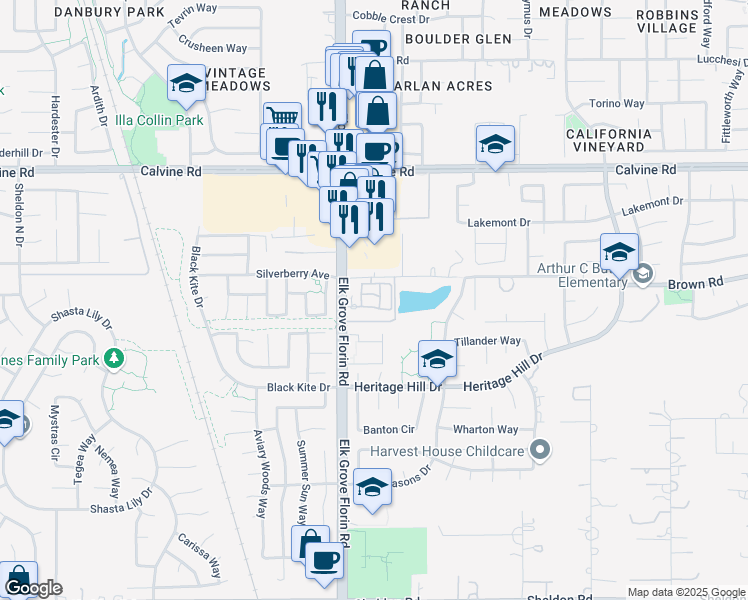 map of restaurants, bars, coffee shops, grocery stores, and more near 1 Elk Grove Florin Road in Elk Grove