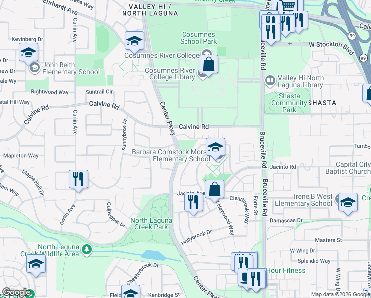 map of restaurants, bars, coffee shops, grocery stores, and more near 8517 Derlin Way in Sacramento