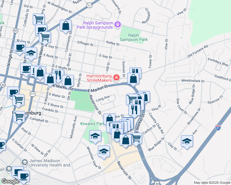 map of restaurants, bars, coffee shops, grocery stores, and more near 582 Long Avenue in Harrisonburg