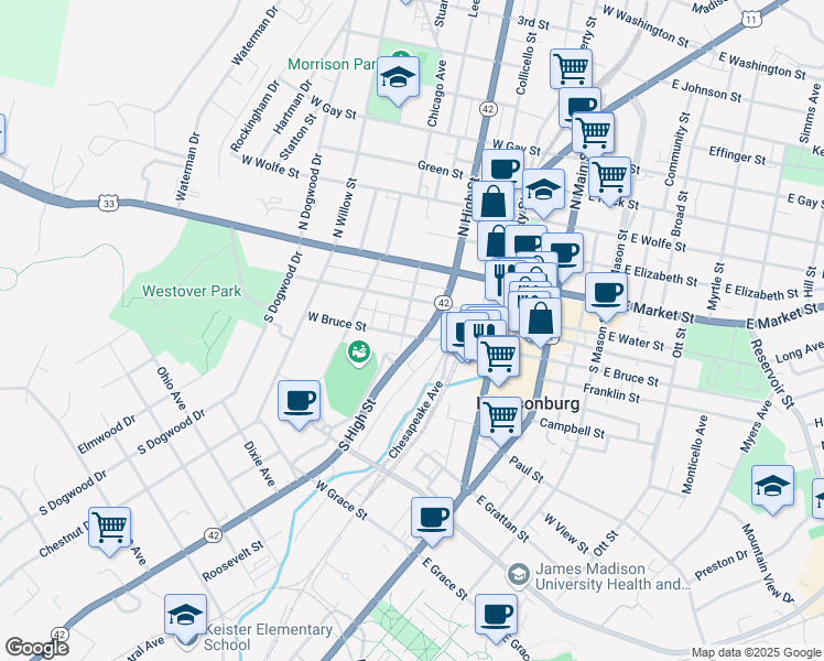 map of restaurants, bars, coffee shops, grocery stores, and more near 287 West Bruce Street in Harrisonburg