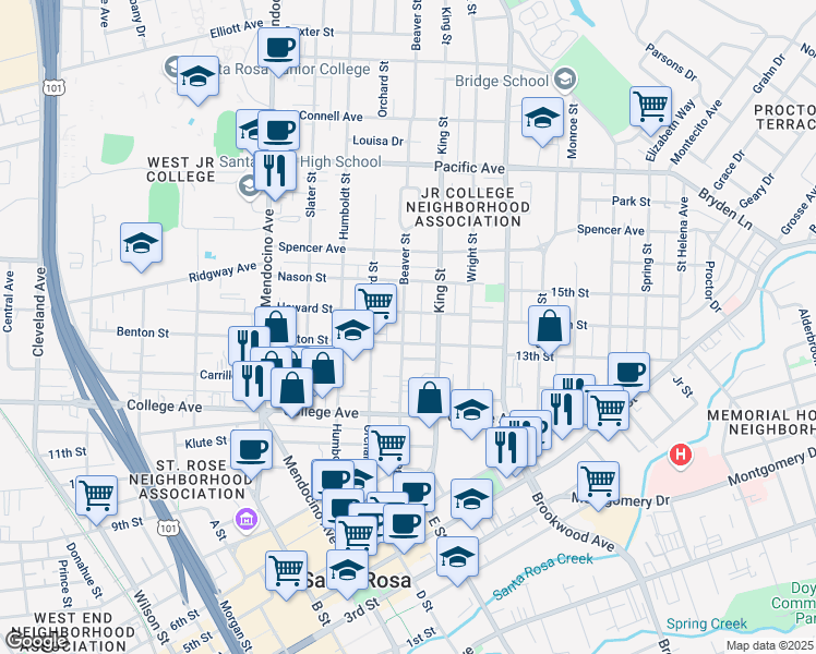 map of restaurants, bars, coffee shops, grocery stores, and more near 816 Beaver Street in Santa Rosa