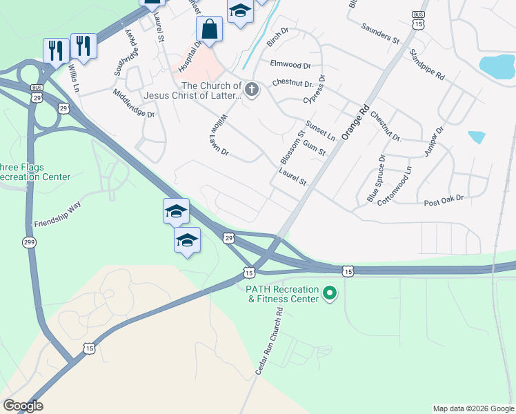 map of restaurants, bars, coffee shops, grocery stores, and more near 104 King Edward Court in Culpeper