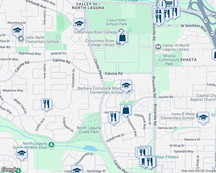 map of restaurants, bars, coffee shops, grocery stores, and more near 8570 Center Parkway in Sacramento