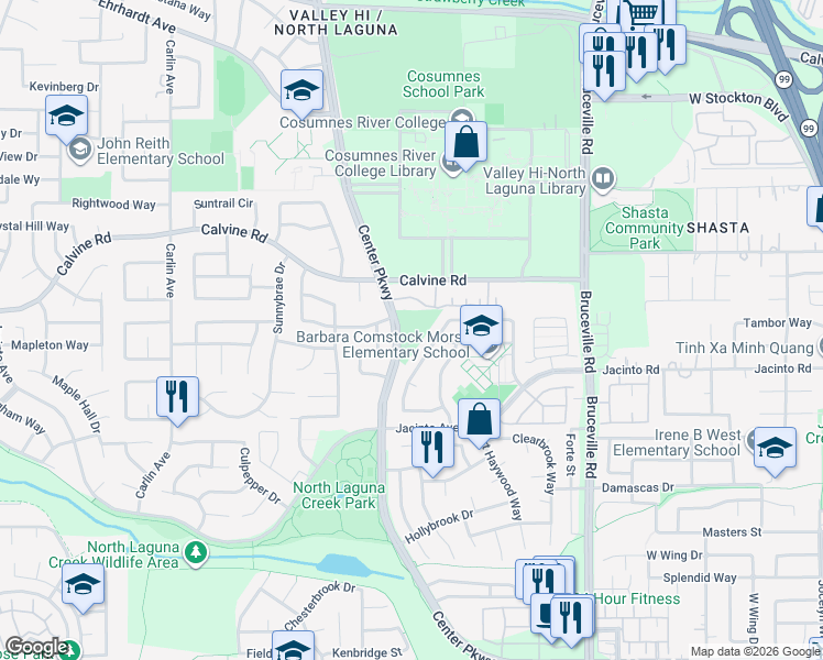 map of restaurants, bars, coffee shops, grocery stores, and more near 8570 Center Parkway in Sacramento