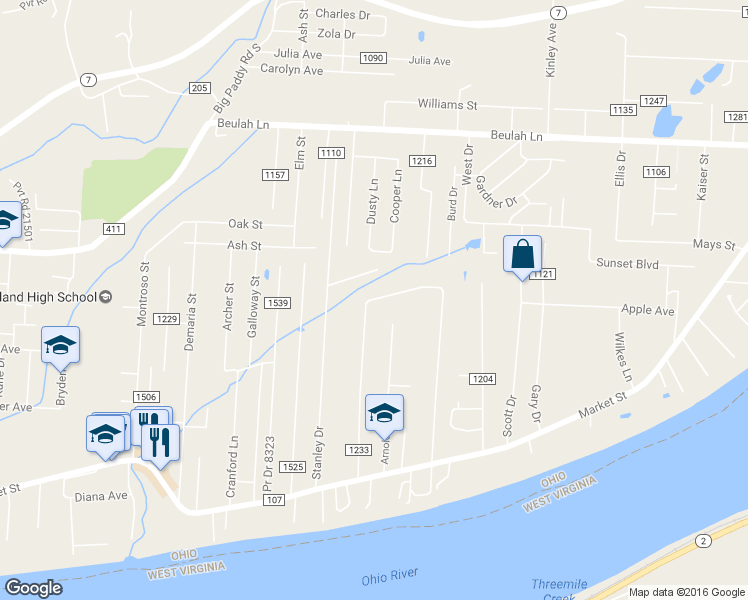 map of restaurants, bars, coffee shops, grocery stores, and more near 422 Township Road 1233 in Proctorville