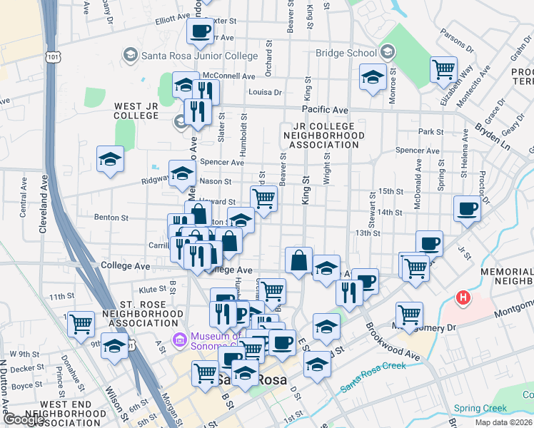 map of restaurants, bars, coffee shops, grocery stores, and more near 809 Orchard Street in Santa Rosa