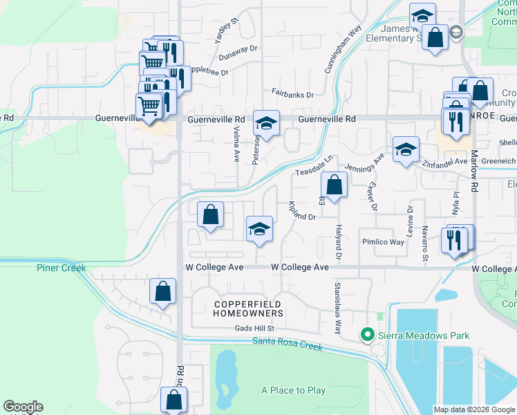 map of restaurants, bars, coffee shops, grocery stores, and more near 1163 Meridian Circle in Santa Rosa
