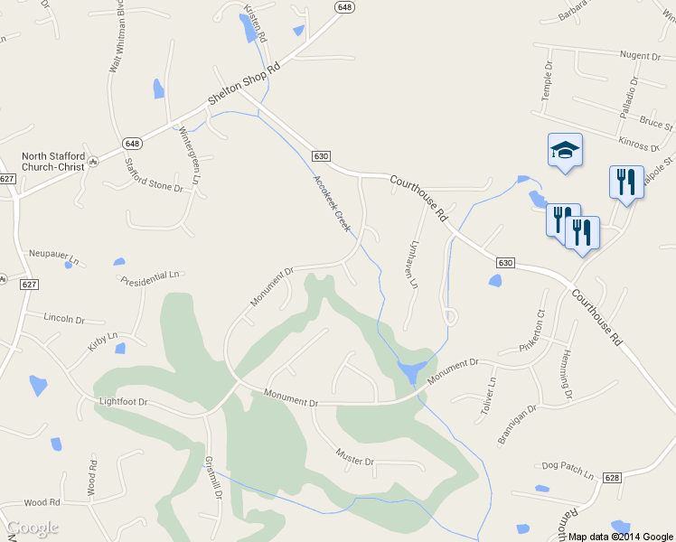 map of restaurants, bars, coffee shops, grocery stores, and more near 2 Bridgecreek Court in Stafford