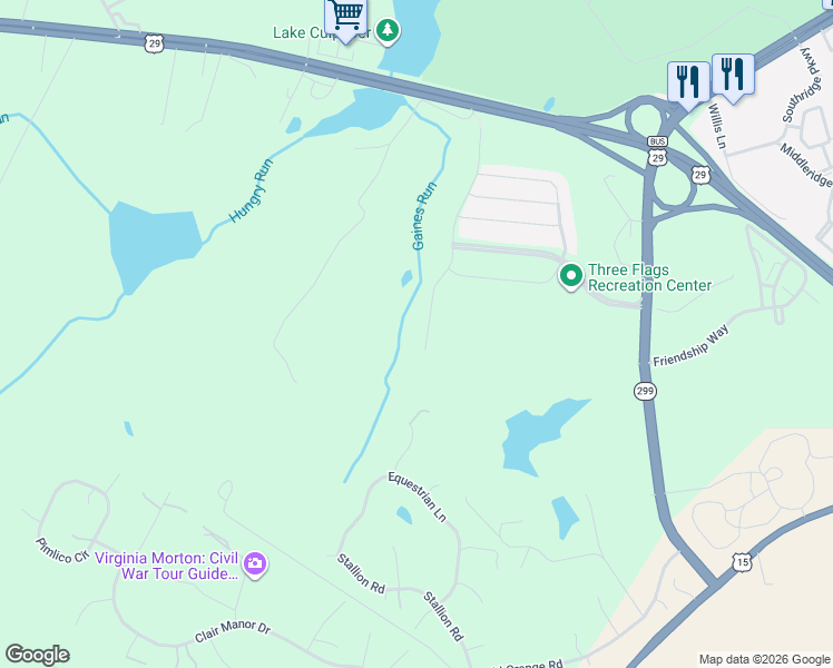 map of restaurants, bars, coffee shops, grocery stores, and more near 18132 Scenic Creek Lane in Culpeper