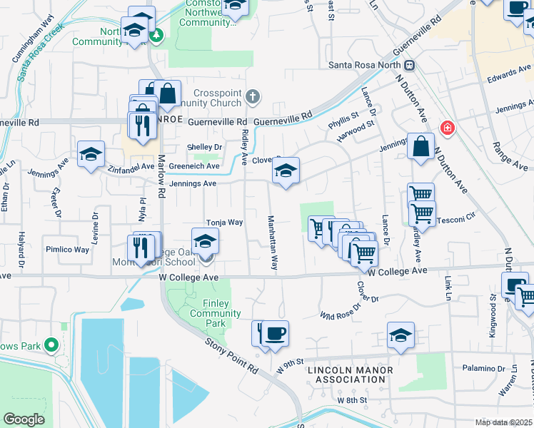 map of restaurants, bars, coffee shops, grocery stores, and more near 1419 Manhattan Way in Santa Rosa
