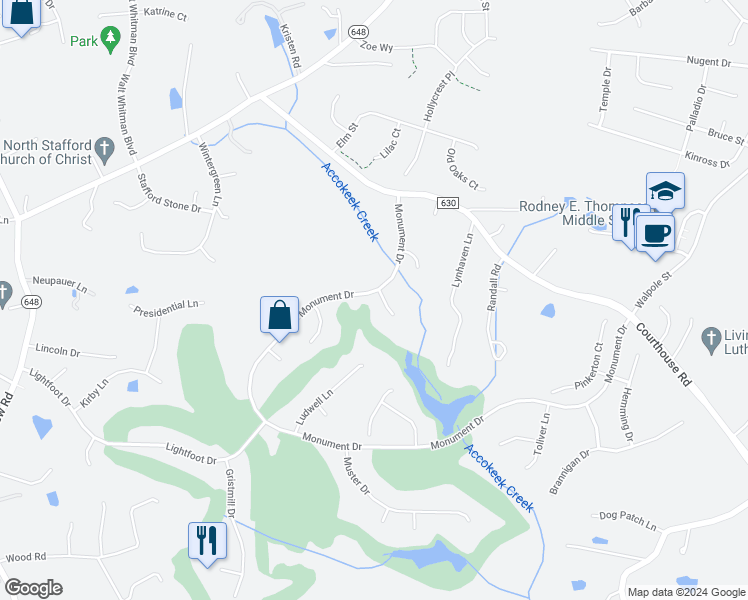 map of restaurants, bars, coffee shops, grocery stores, and more near 2 Bridgecreek Court in Stafford