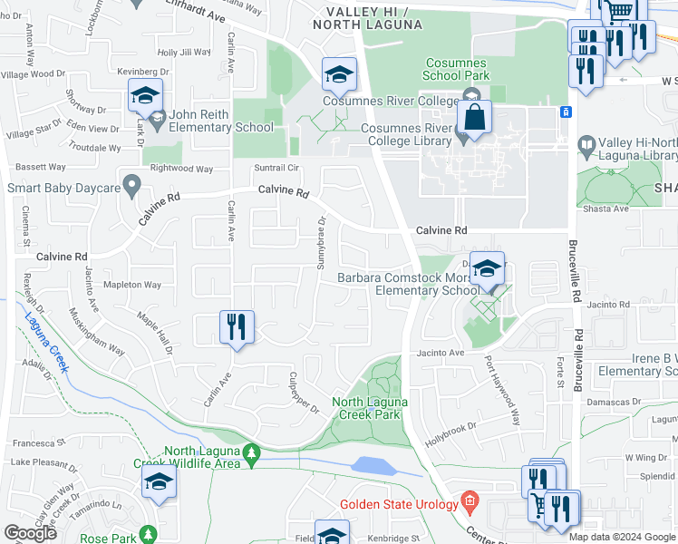 map of restaurants, bars, coffee shops, grocery stores, and more near 8528 Hermitage Way in Sacramento