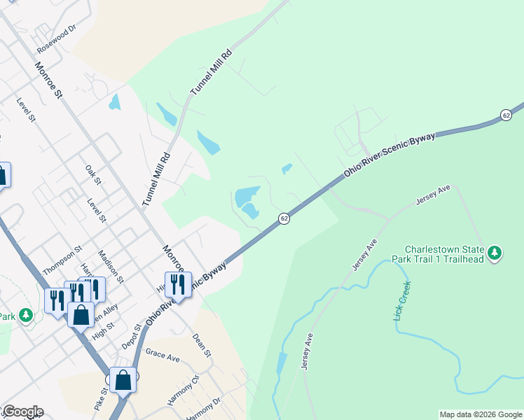 map of restaurants, bars, coffee shops, grocery stores, and more near 1223 Indiana 62 in Charlestown