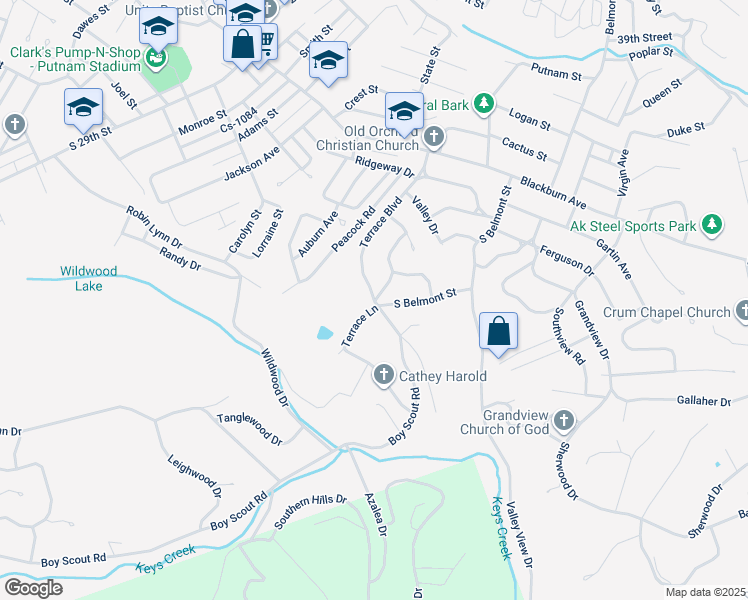 map of restaurants, bars, coffee shops, grocery stores, and more near 2799 Terrace Boulevard in Ashland