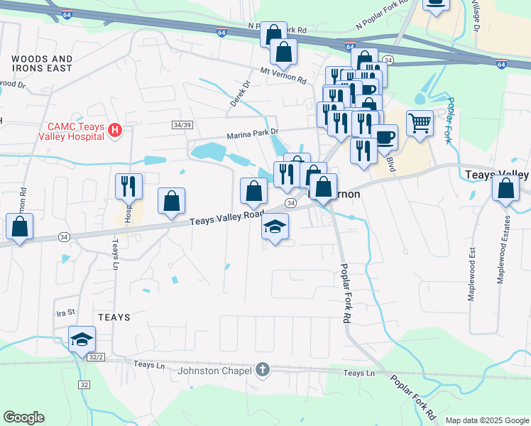map of restaurants, bars, coffee shops, grocery stores, and more near 4194 West Virginia 34 in Hurricane