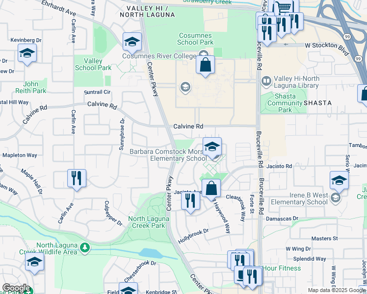 map of restaurants, bars, coffee shops, grocery stores, and more near 8517 Derlin Way in Sacramento