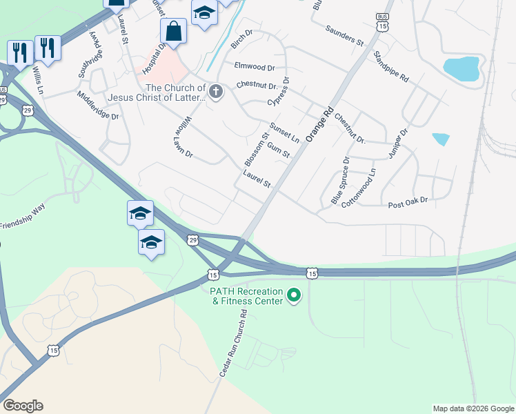 map of restaurants, bars, coffee shops, grocery stores, and more near 101 Morningside Drive in Culpeper