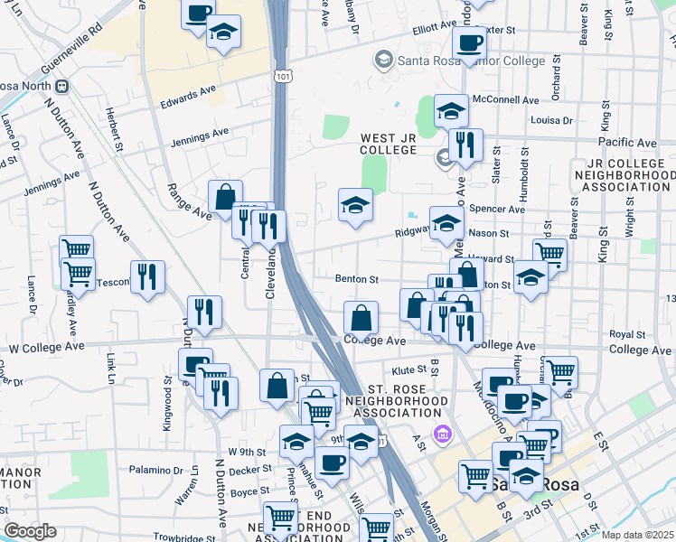 map of restaurants, bars, coffee shops, grocery stores, and more near 225 Benton Street in Santa Rosa