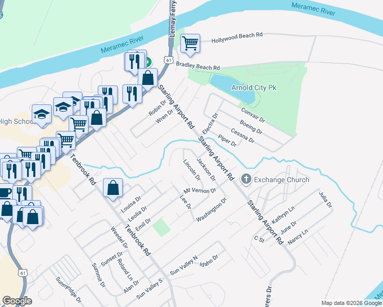 map of restaurants, bars, coffee shops, grocery stores, and more near 2287 Jackson Drive in Arnold