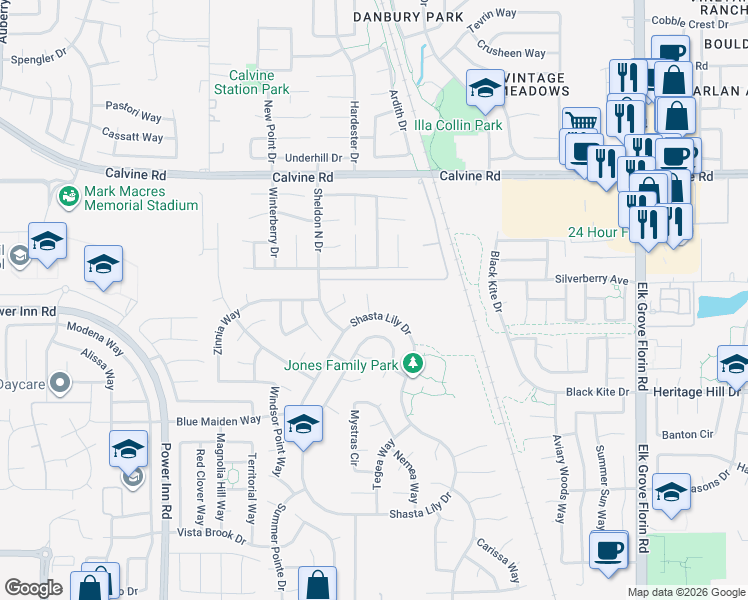 map of restaurants, bars, coffee shops, grocery stores, and more near 8515 Pinedrops Court in Elk Grove