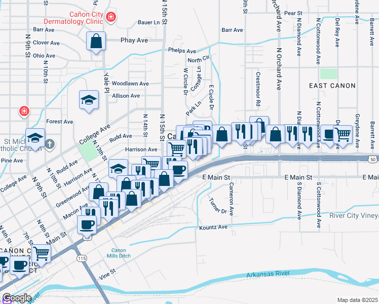 map of restaurants, bars, coffee shops, grocery stores, and more near 302 N 16th St in Cañon City