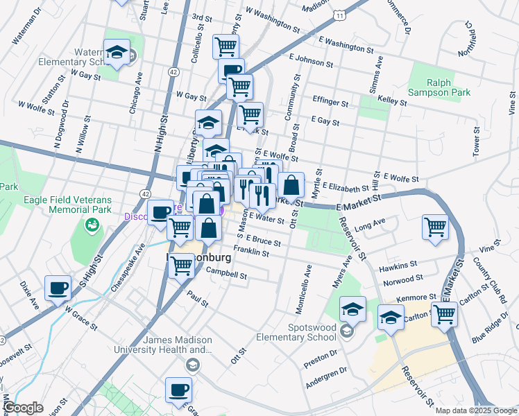 map of restaurants, bars, coffee shops, grocery stores, and more near 238 East Water Street in Harrisonburg