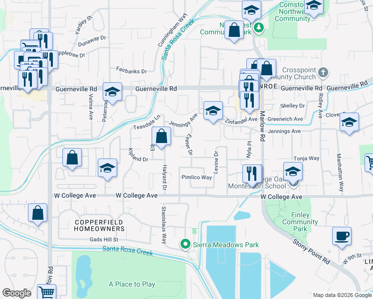 map of restaurants, bars, coffee shops, grocery stores, and more near 1161 Exeter Drive in Santa Rosa