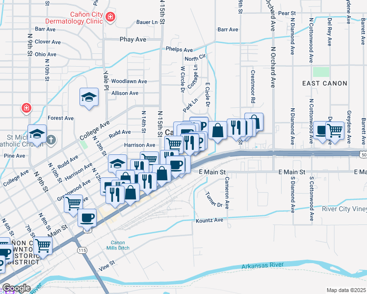 map of restaurants, bars, coffee shops, grocery stores, and more near 302 North 16th Street in Cañon City