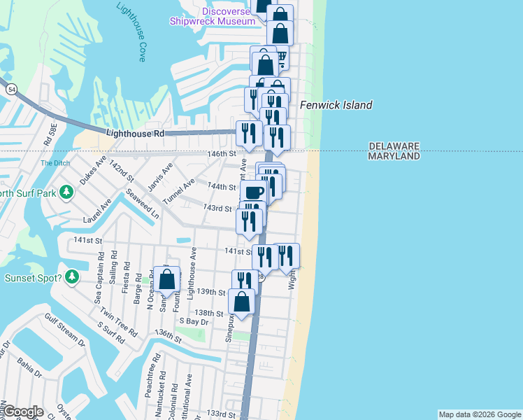 map of restaurants, bars, coffee shops, grocery stores, and more near in Ocean City