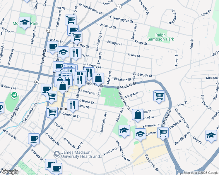 map of restaurants, bars, coffee shops, grocery stores, and more near 401 East Market Street in Harrisonburg
