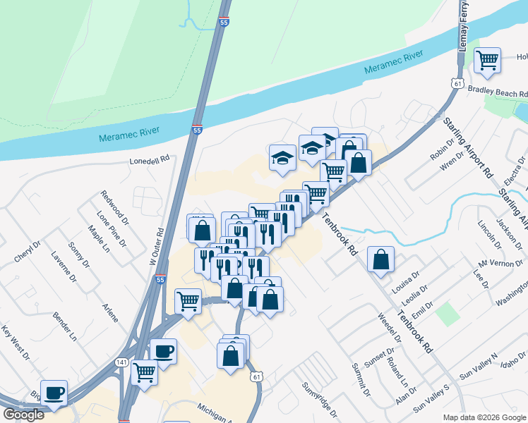 map of restaurants, bars, coffee shops, grocery stores, and more near 849 Jeffco Boulevard in Arnold