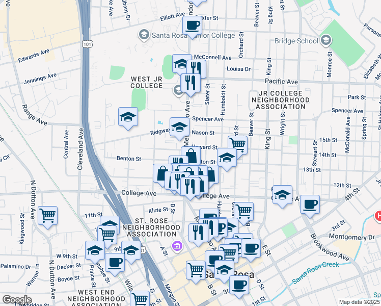 map of restaurants, bars, coffee shops, grocery stores, and more near 499 Benton Street in Santa Rosa
