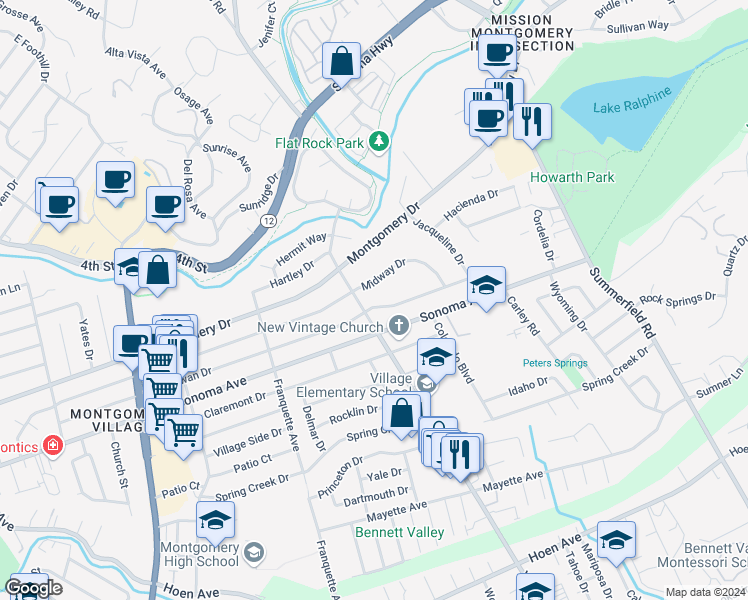 map of restaurants, bars, coffee shops, grocery stores, and more near 3315 Magowan Drive in Santa Rosa
