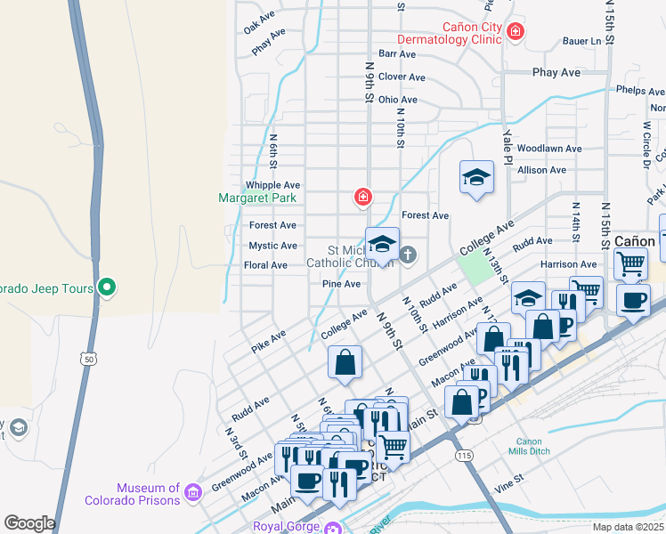 map of restaurants, bars, coffee shops, grocery stores, and more near 813 Pine Avenue in Cañon City
