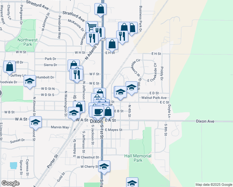 map of restaurants, bars, coffee shops, grocery stores, and more near 378 North 2nd Street in Dixon
