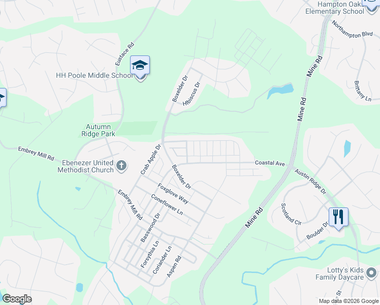 map of restaurants, bars, coffee shops, grocery stores, and more near 217 Witch Hazel Lane in Stafford