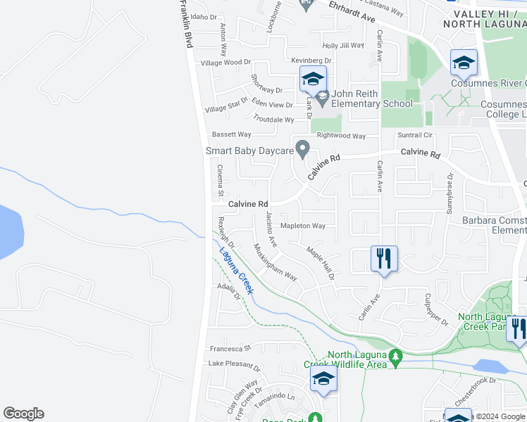 map of restaurants, bars, coffee shops, grocery stores, and more near 5310 Jacinto Avenue in Sacramento