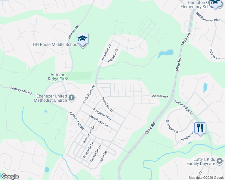 map of restaurants, bars, coffee shops, grocery stores, and more near 217 Witch Hazel Lane in Stafford