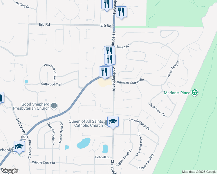 map of restaurants, bars, coffee shops, grocery stores, and more near 6431 Christopher Drive in St. Louis