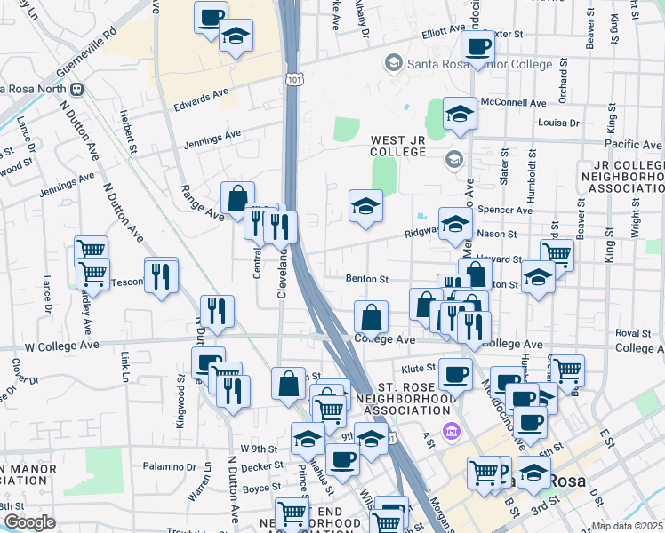 map of restaurants, bars, coffee shops, grocery stores, and more near 212 Benton Street in Santa Rosa